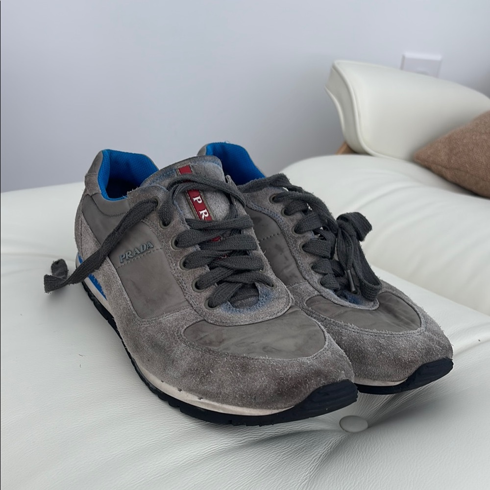 Prada Gray and Blue Sneakers Sleek Retro Design